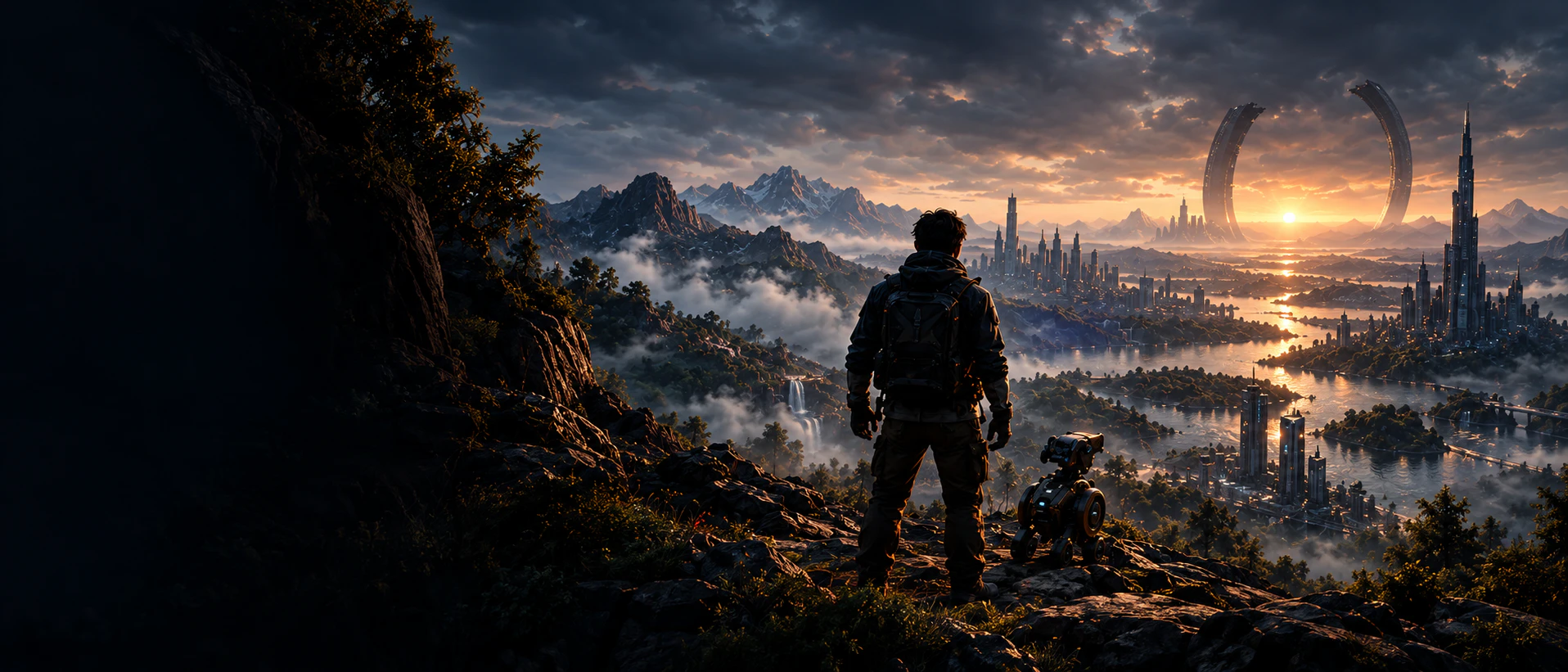 Futuristic mountain city and explorer at sunrise