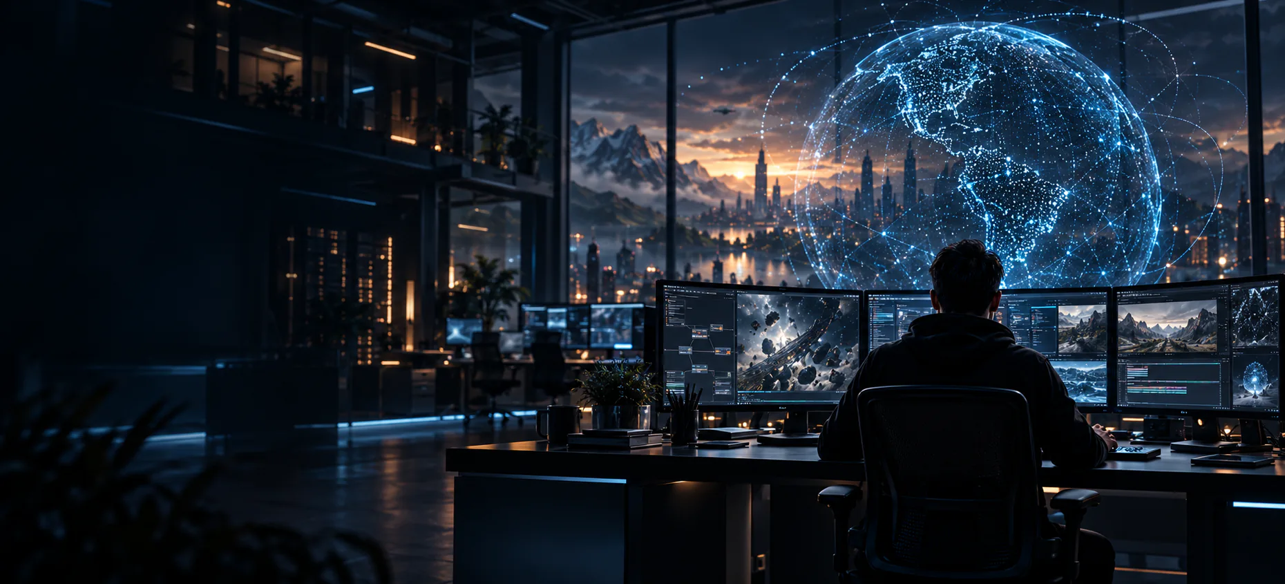 Creator working inside a cinematic software lab
